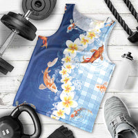 Hawaii And Japan Men Tank Top Plumeria Lei With Koi Fish Blue LT05 - Polynesian Pride