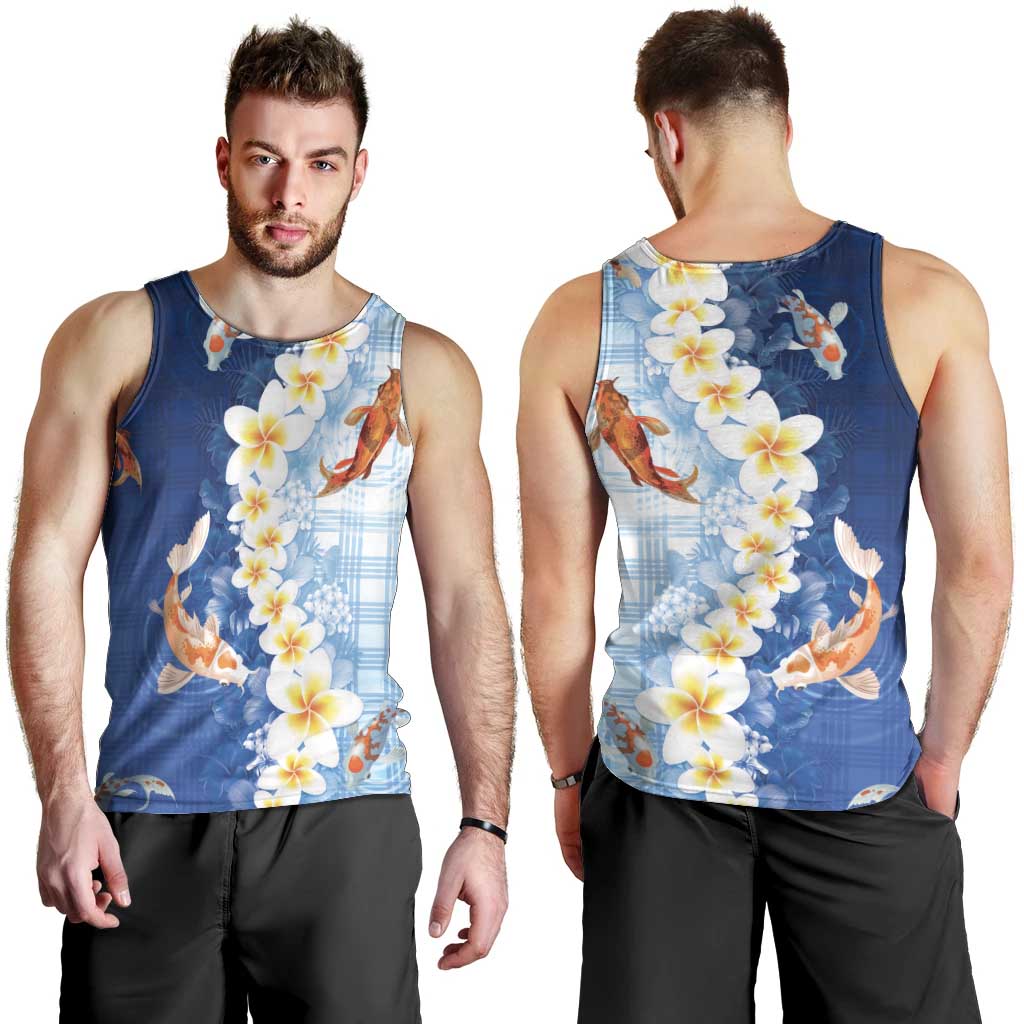 Hawaii And Japan Men Tank Top Plumeria Lei With Koi Fish Blue LT05 - Polynesian Pride