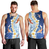 Hawaii And Japan Men Tank Top Plumeria Lei With Koi Fish Blue LT05 - Polynesian Pride
