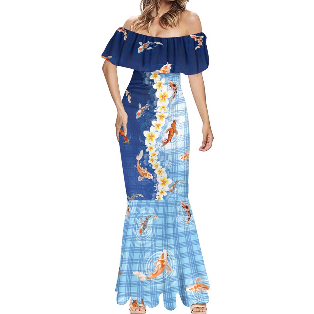 Hawaii And Japan Mermaid Dress Plumeria Lei With Koi Fish Blue - Polynesian Pride