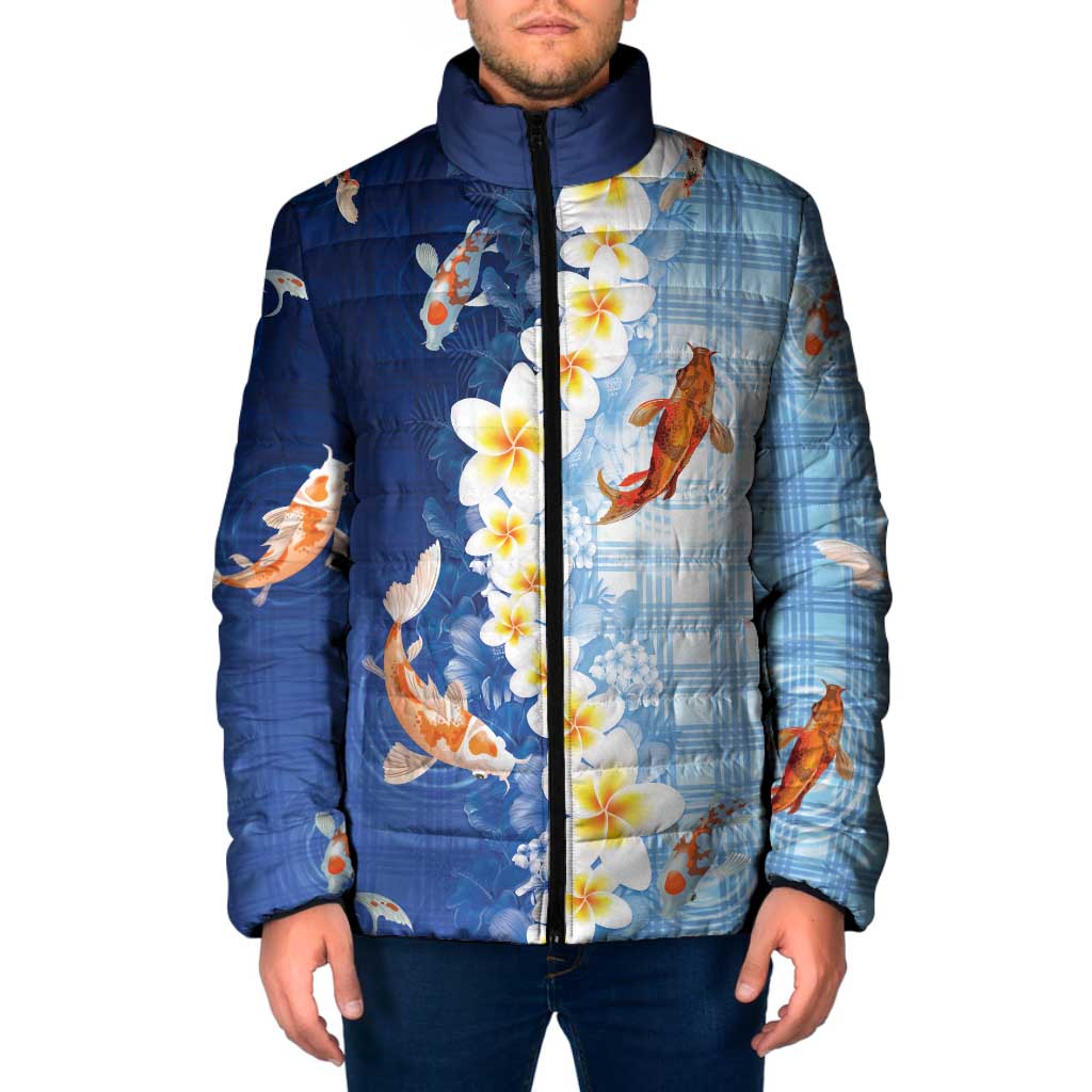 Hawaii And Japan Padded Jacket Plumeria Lei With Koi Fish Blue LT05 Men Blue - Polynesian Pride