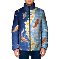 Hawaii And Japan Padded Jacket Plumeria Lei With Koi Fish Blue LT05 Men Blue - Polynesian Pride