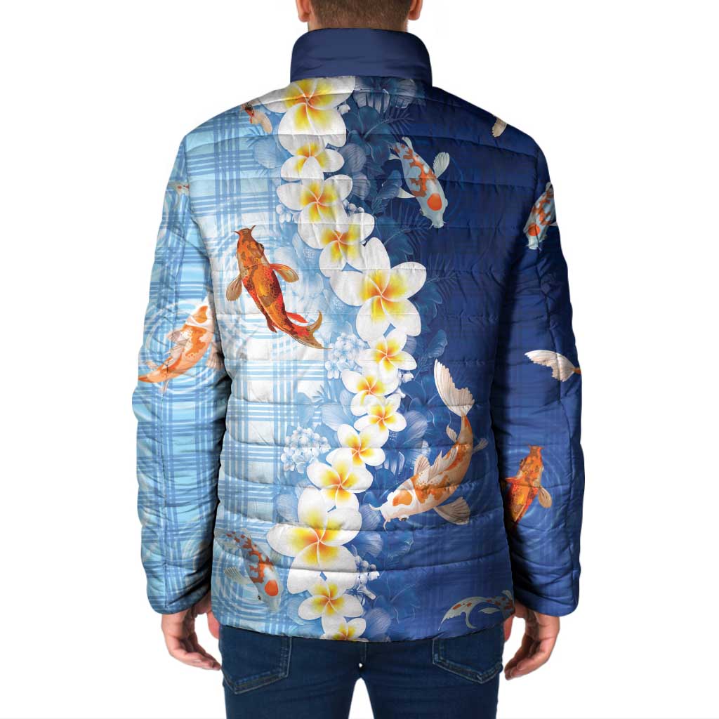 Hawaii And Japan Padded Jacket Plumeria Lei With Koi Fish Blue LT05 - Polynesian Pride
