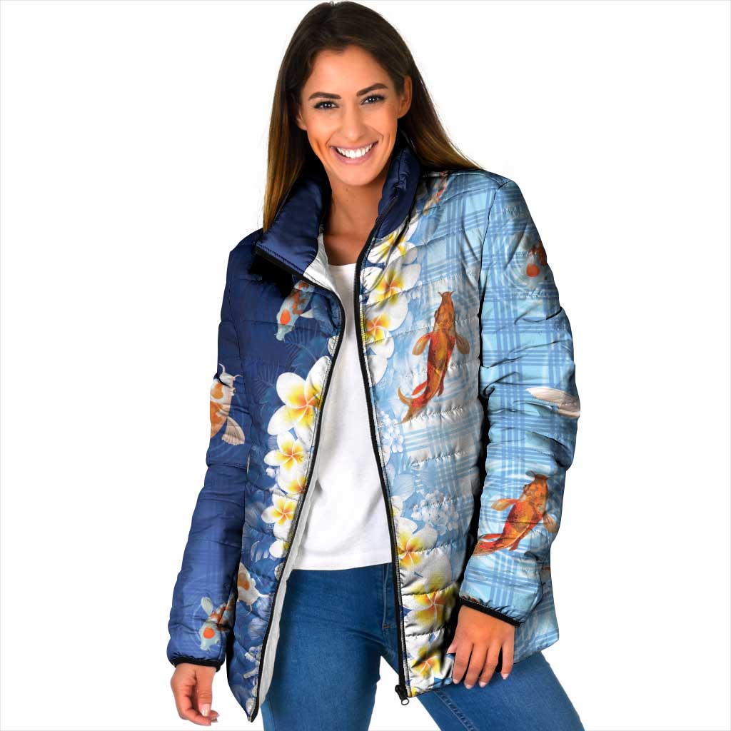 Hawaii And Japan Padded Jacket Plumeria Lei With Koi Fish Blue LT05 Women Blue - Polynesian Pride