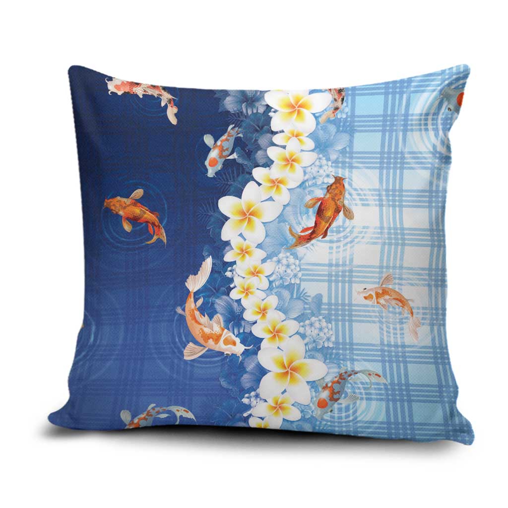 Hawaii And Japan Pillow Cover Plumeria Lei With Koi Fish Blue - Polynesian Pride