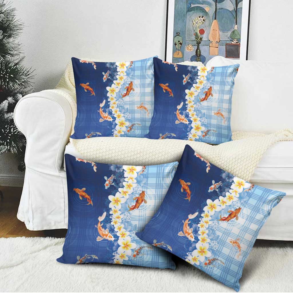 Hawaii And Japan Pillow Cover Plumeria Lei With Koi Fish Blue - Polynesian Pride