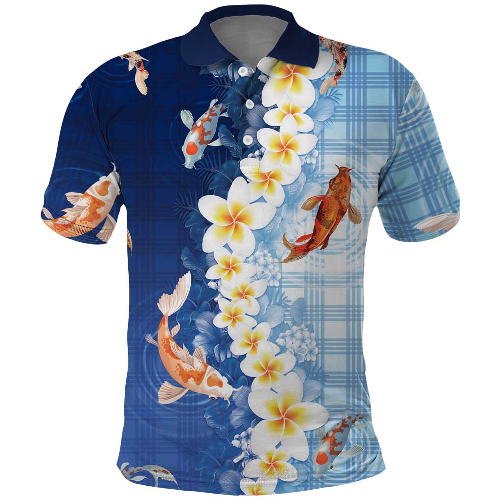 Hawaii And Japan Polo Shirt Plumeria Lei With Koi Fish Blue - Polynesian Pride
