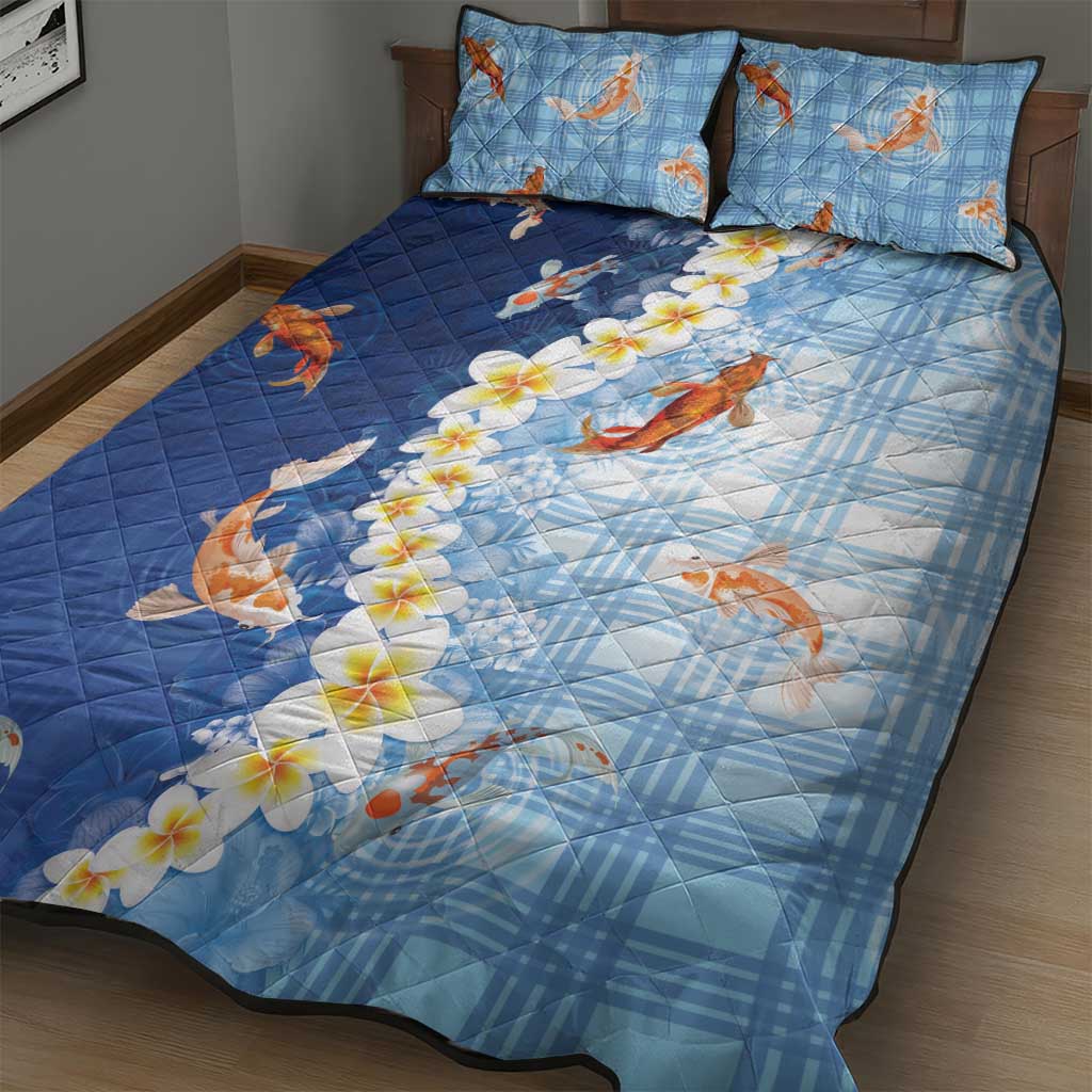 Hawaii And Japan Quilt Bed Set Plumeria Lei With Koi Fish Blue - Polynesian Pride