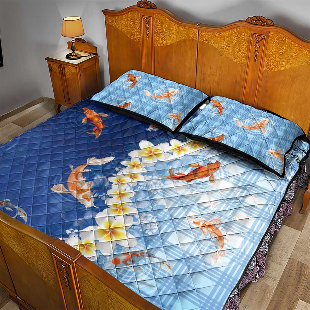 Hawaii And Japan Quilt Bed Set Plumeria Lei With Koi Fish Blue - Polynesian Pride