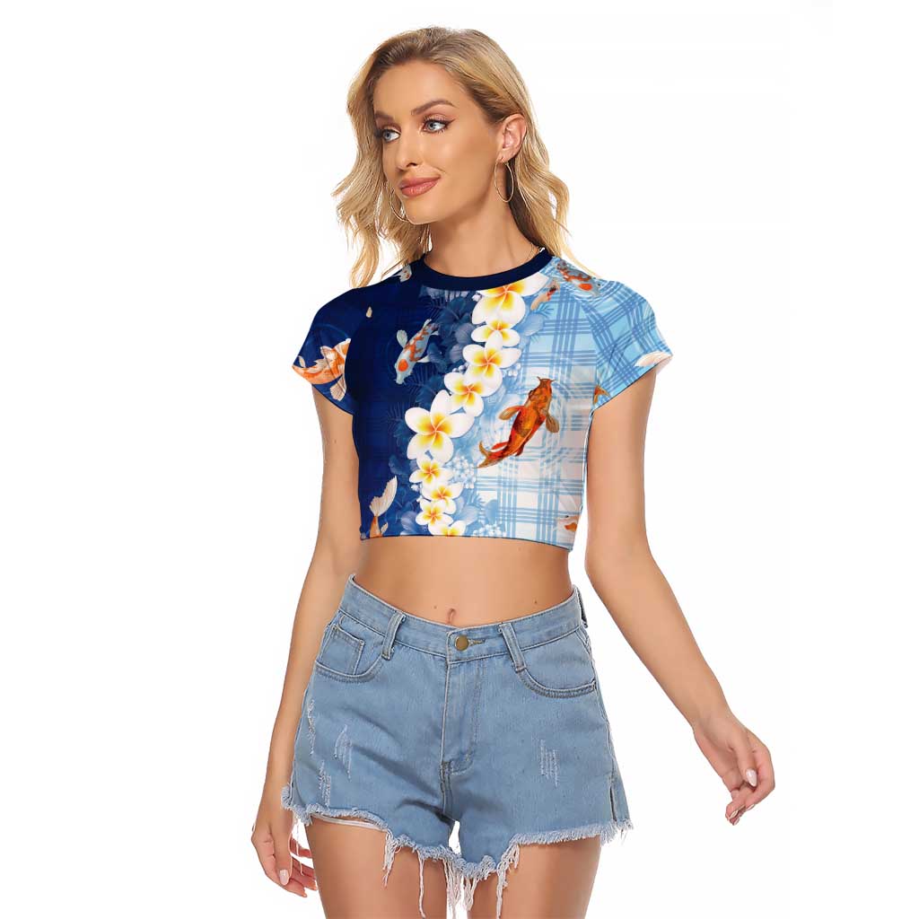 Hawaii And Japan Raglan Cropped T Shirt Plumeria Lei With Koi Fish Blue LT05 Female Blue - Polynesian Pride