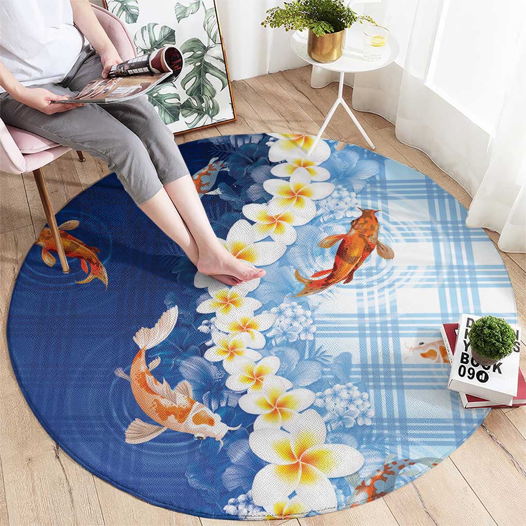 Hawaii And Japan Round Carpet Plumeria Lei With Koi Fish Blue - Polynesian Pride