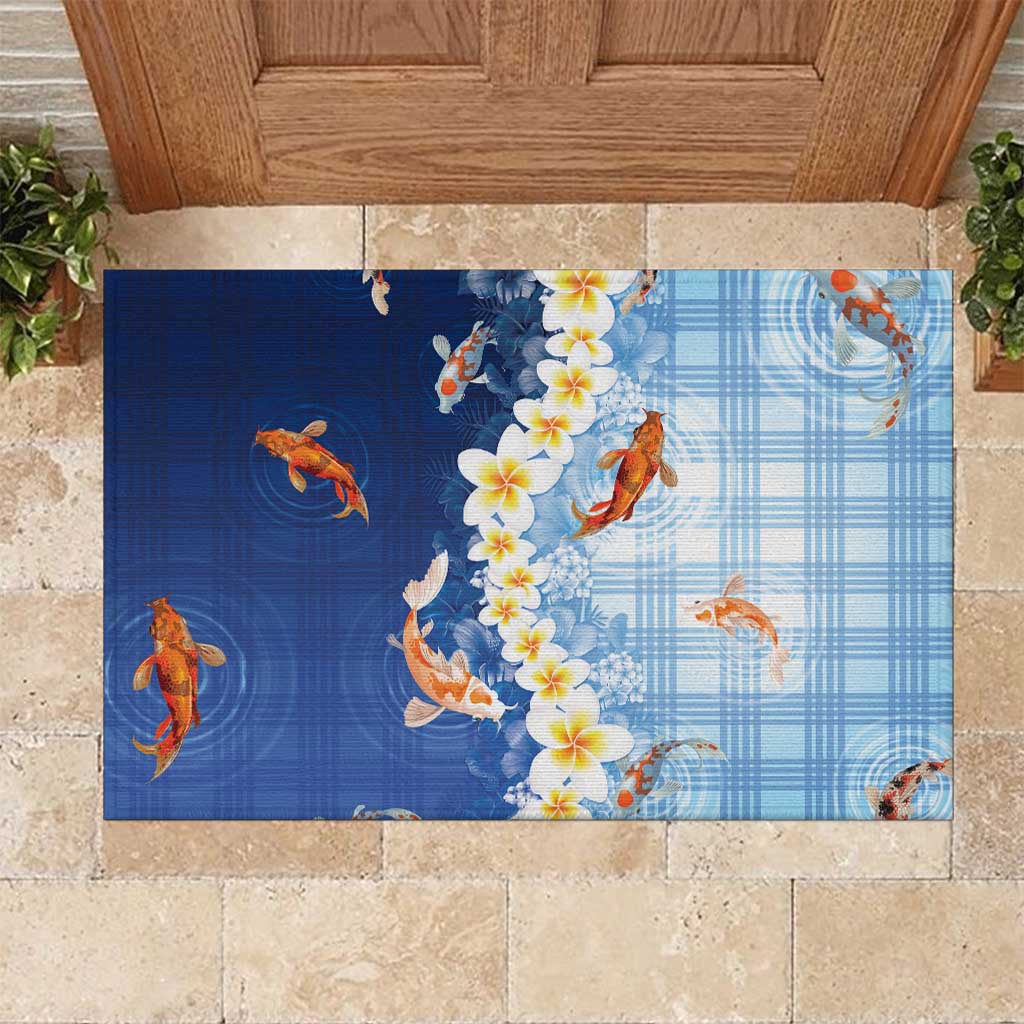 Hawaii And Japan Rubber Doormat Plumeria Lei With Koi Fish Blue LT05 Blue - Polynesian Pride
