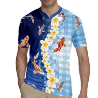 Hawaii And Japan Rugby Jersey Plumeria Lei With Koi Fish Blue - Polynesian Pride