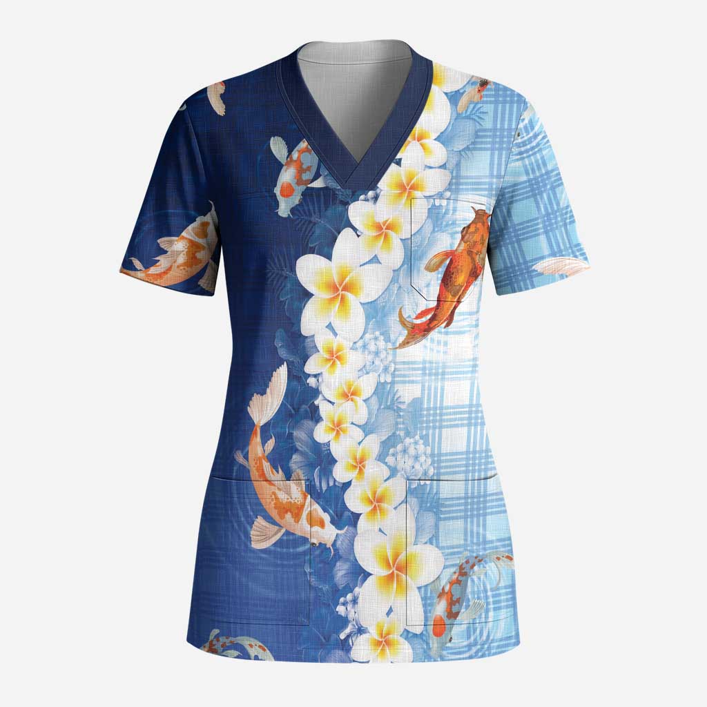Hawaii And Japan Scrub Top Plumeria Lei With Koi Fish Blue LT05 Adult Blue - Polynesian Pride
