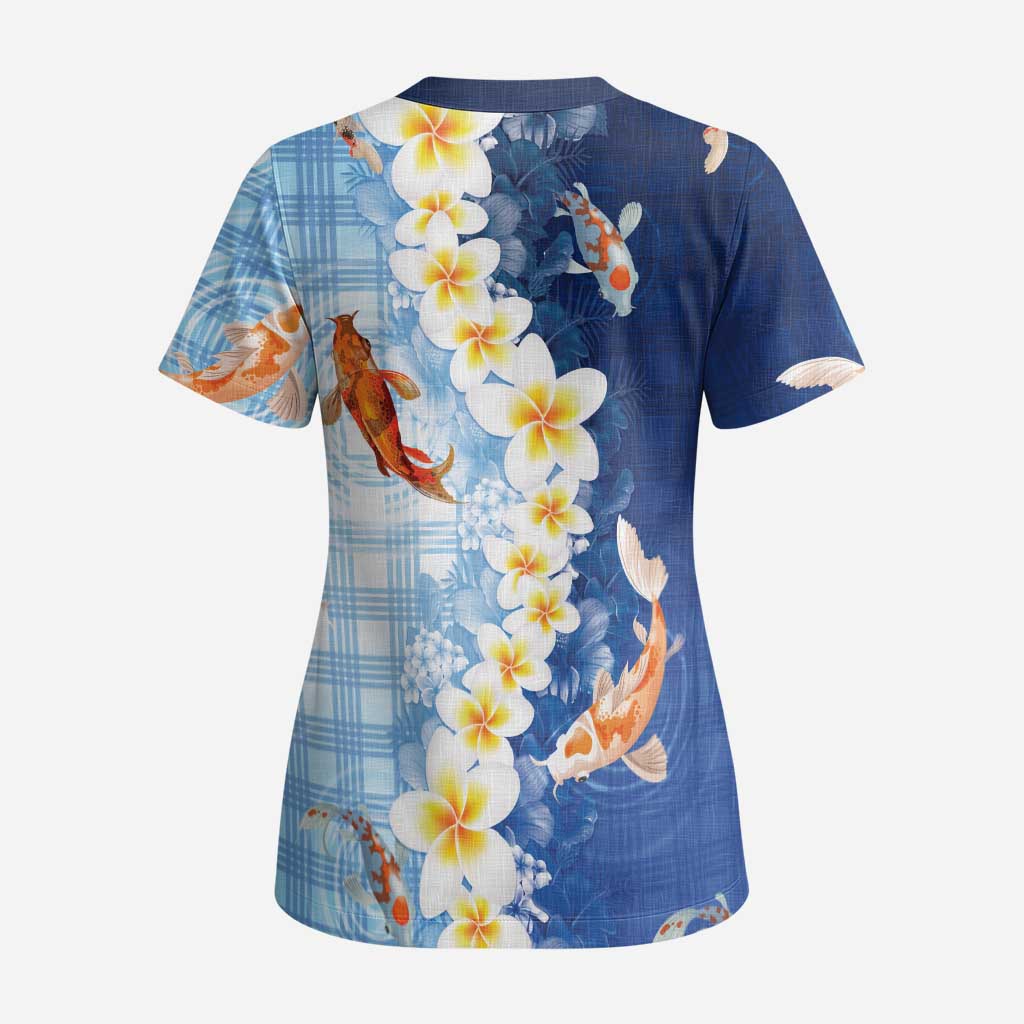 Hawaii And Japan Scrub Top Plumeria Lei With Koi Fish Blue LT05 - Polynesian Pride