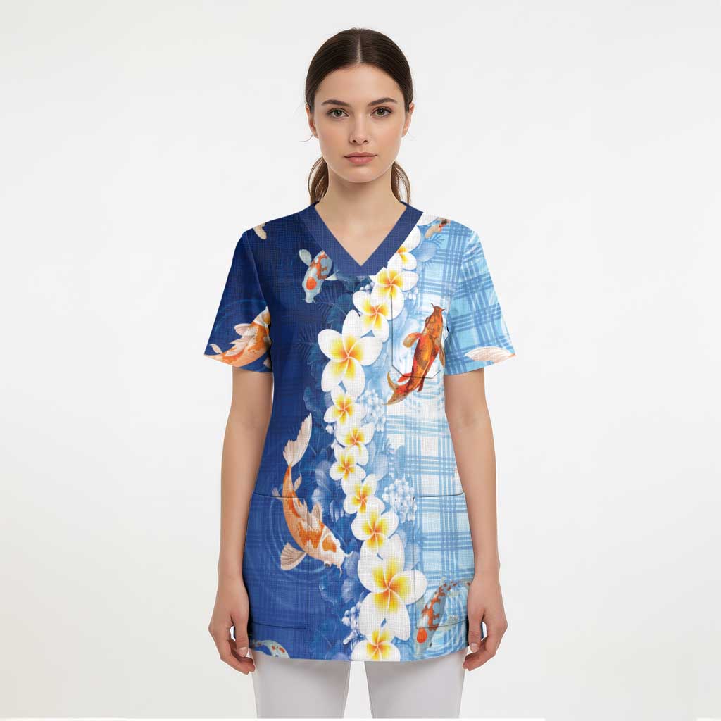Hawaii And Japan Scrub Top Plumeria Lei With Koi Fish Blue LT05 - Polynesian Pride