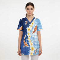 Hawaii And Japan Scrub Top Plumeria Lei With Koi Fish Blue LT05 - Polynesian Pride