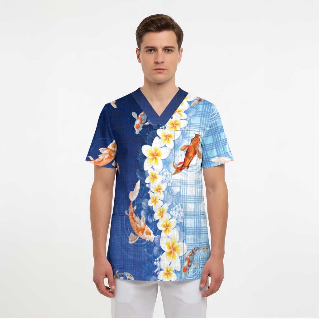 Hawaii And Japan Scrub Top Plumeria Lei With Koi Fish Blue LT05 - Polynesian Pride