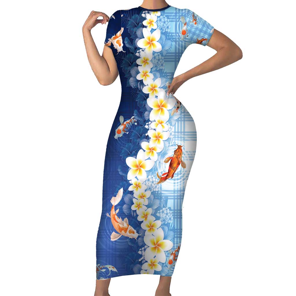 Hawaii And Japan Short Sleeve Bodycon Dress Plumeria Lei With Koi Fish Blue - Polynesian Pride