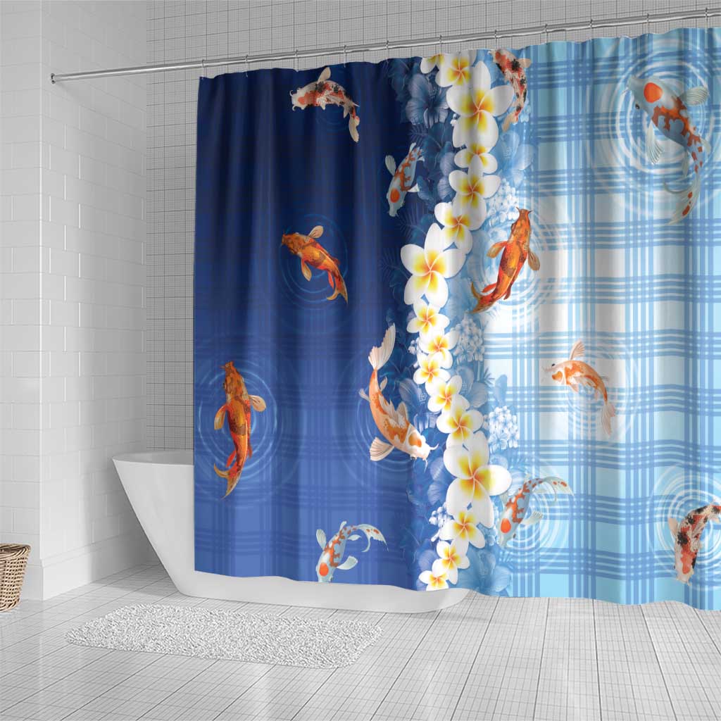 Hawaii And Japan Shower Curtain Plumeria Lei With Koi Fish Blue - Polynesian Pride