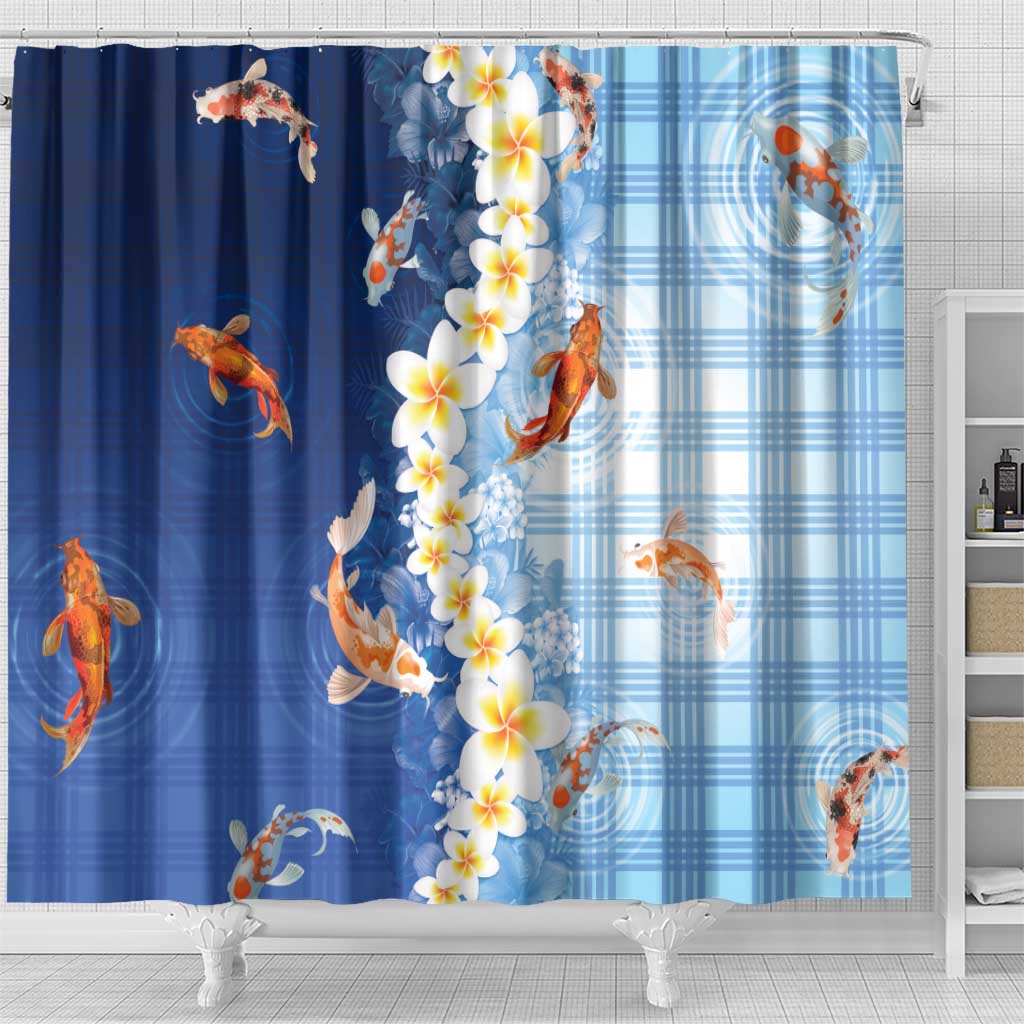 Hawaii And Japan Shower Curtain Plumeria Lei With Koi Fish Blue - Polynesian Pride