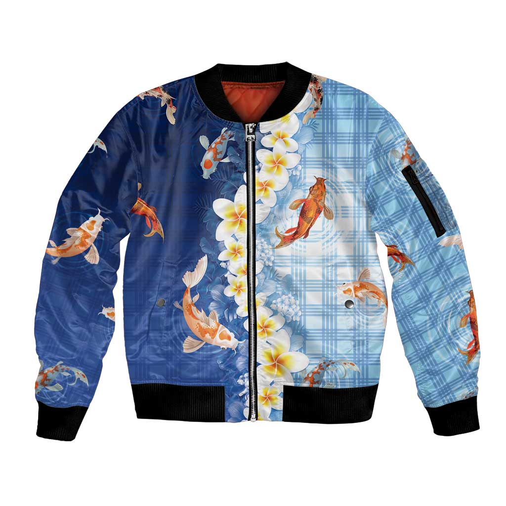 Hawaii And Japan Sleeve Zip Bomber Jacket Plumeria Lei With Koi Fish Blue LT05 Unisex Blue - Polynesian Pride