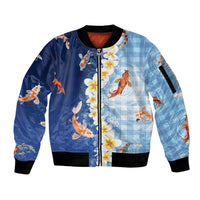 Hawaii And Japan Sleeve Zip Bomber Jacket Plumeria Lei With Koi Fish Blue LT05 Unisex Blue - Polynesian Pride