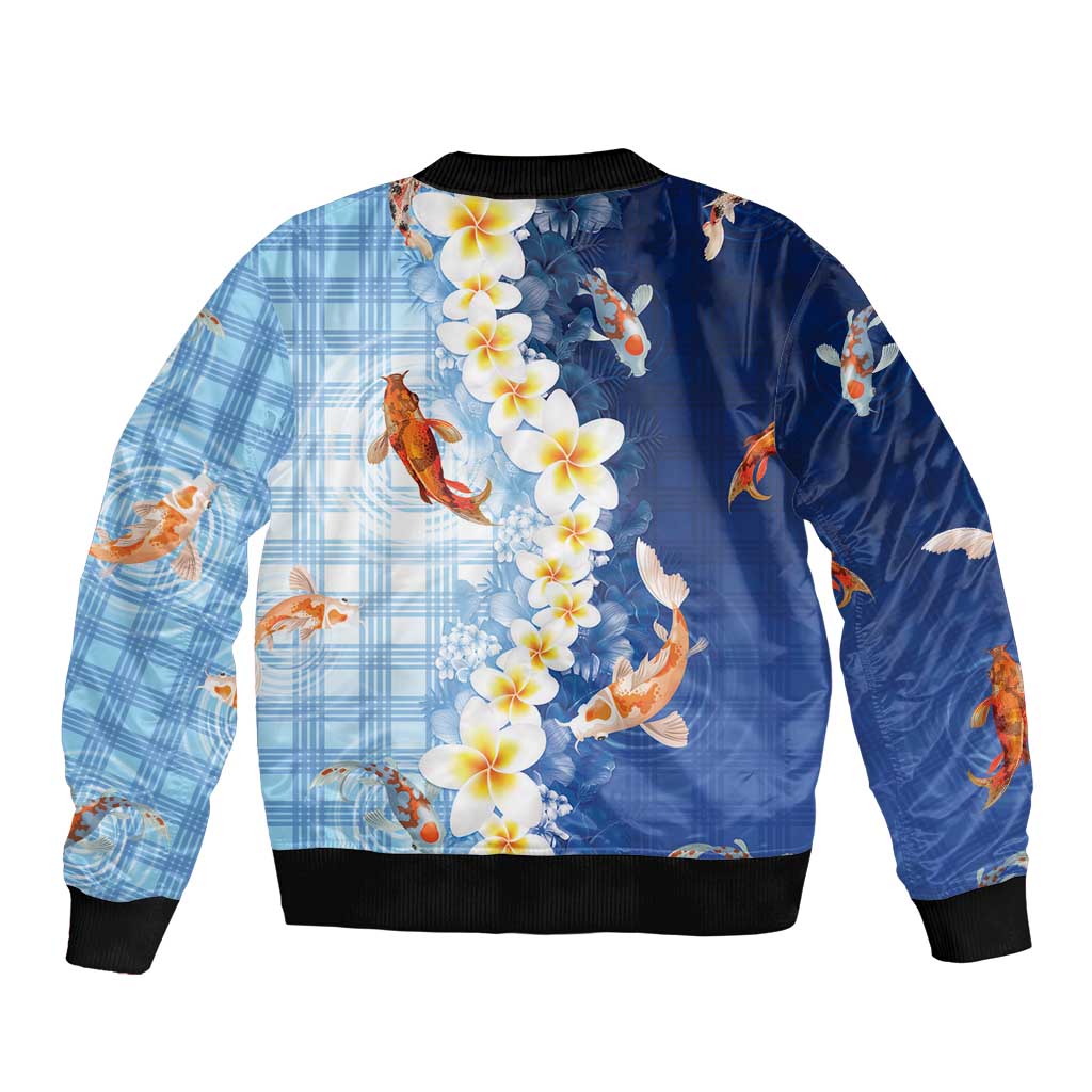 Hawaii And Japan Sleeve Zip Bomber Jacket Plumeria Lei With Koi Fish Blue LT05 - Polynesian Pride