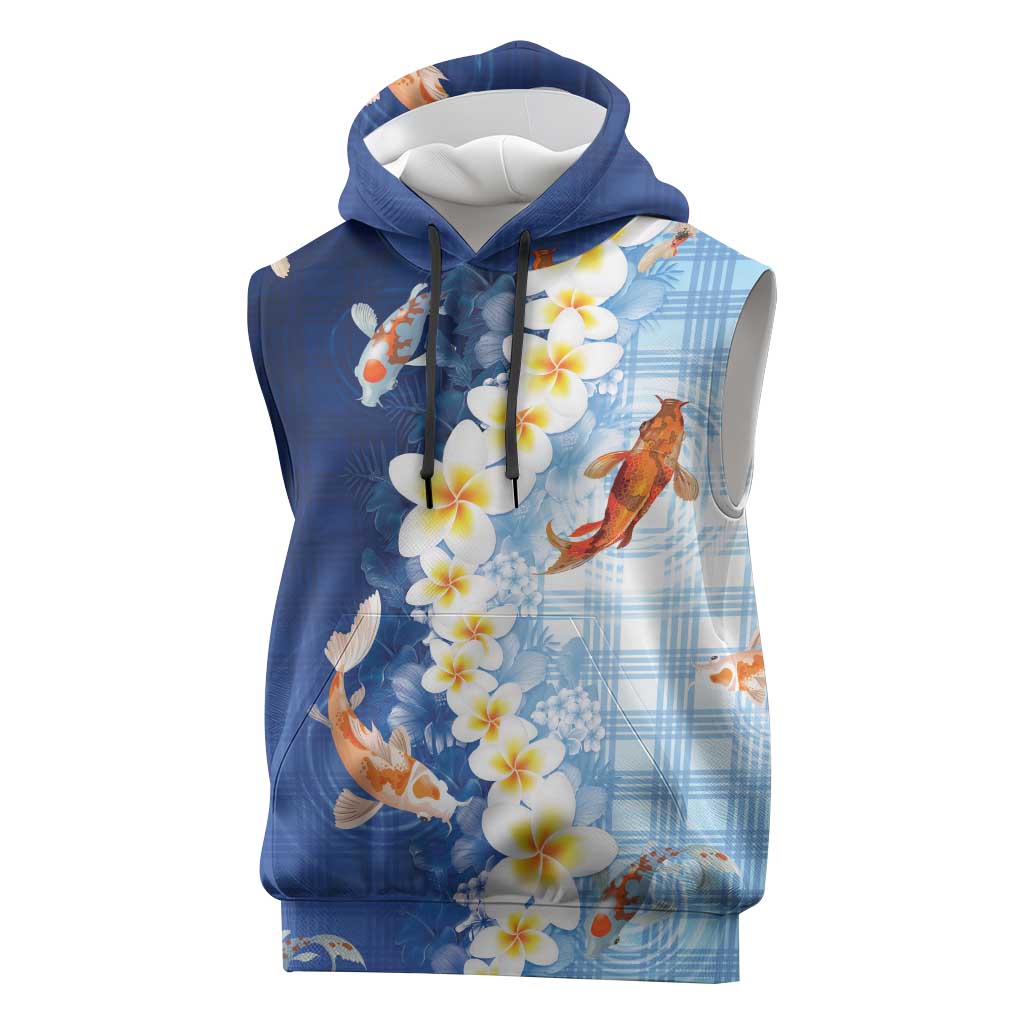 Hawaii And Japan Sleeveless Hoodie Plumeria Lei With Koi Fish Blue LT05 Blue - Polynesian Pride