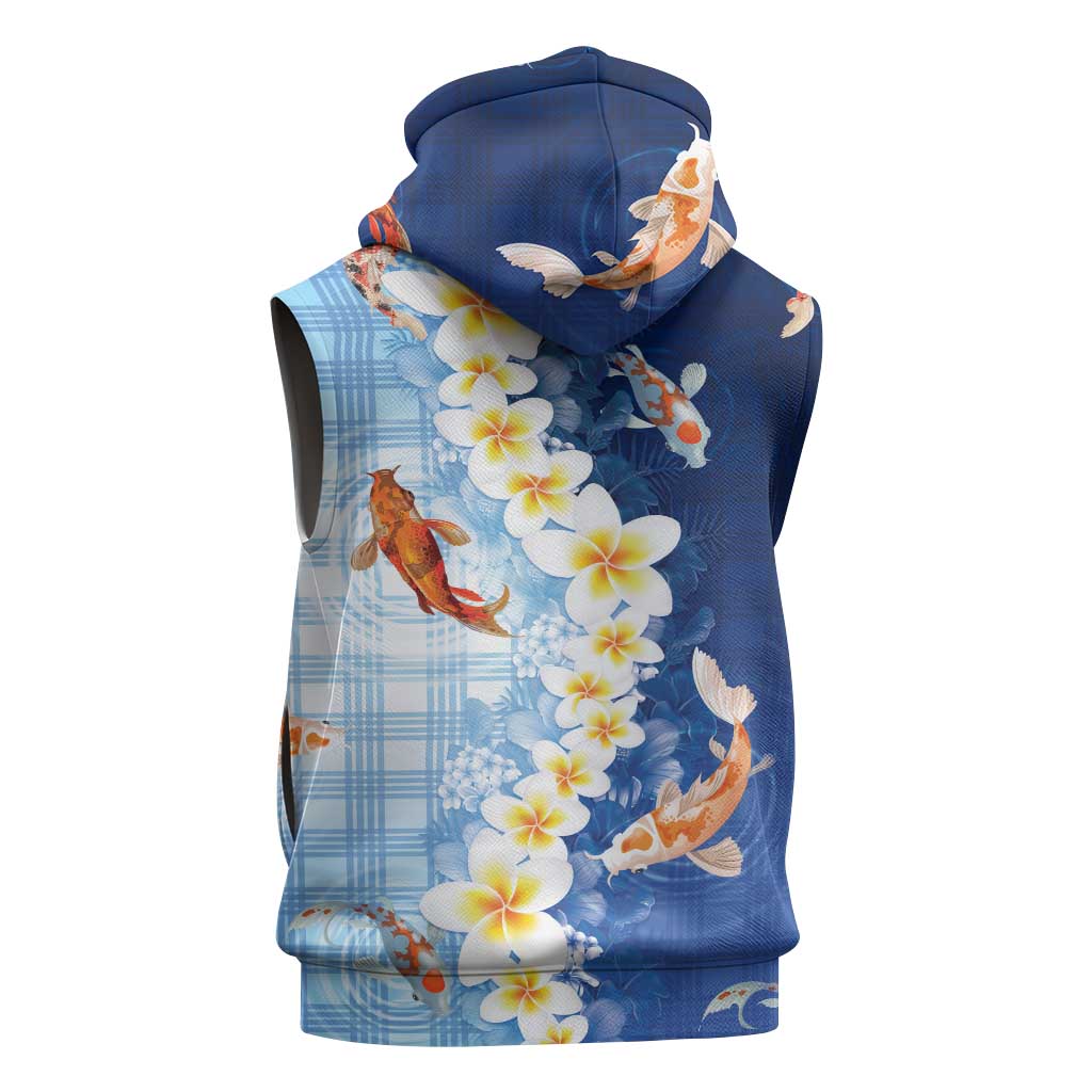Hawaii And Japan Sleeveless Hoodie Plumeria Lei With Koi Fish Blue LT05 - Polynesian Pride