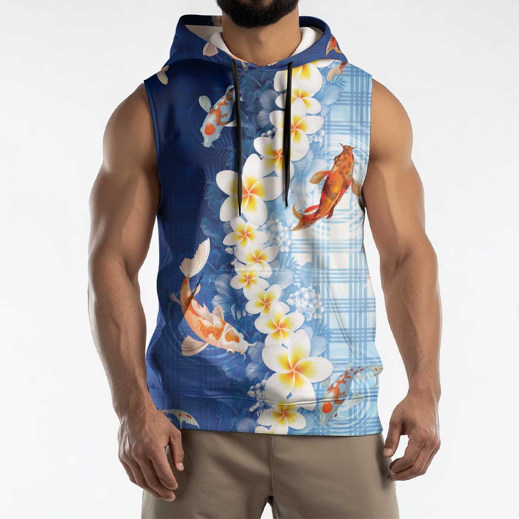 Hawaii And Japan Sleeveless Hoodie Plumeria Lei With Koi Fish Blue LT05 - Polynesian Pride