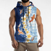 Hawaii And Japan Sleeveless Hoodie Plumeria Lei With Koi Fish Blue LT05 - Polynesian Pride
