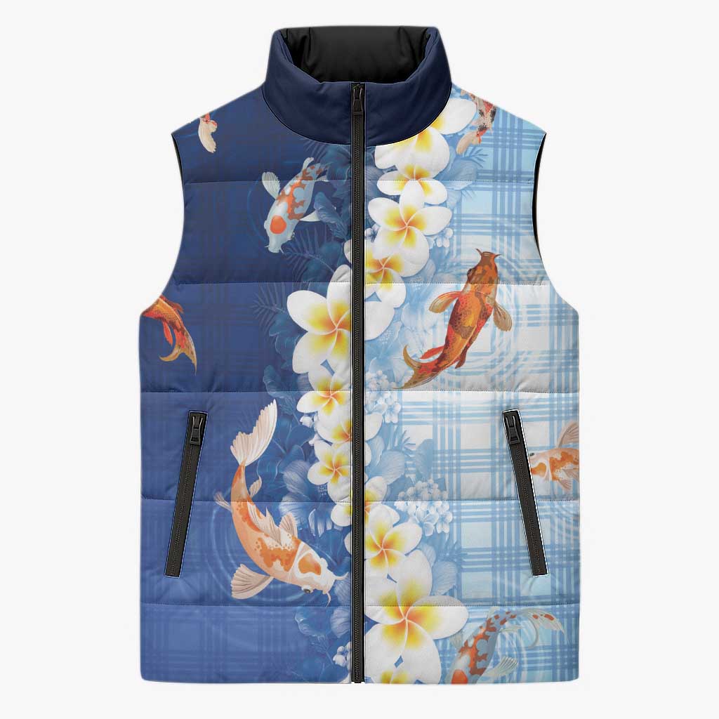 Hawaii And Japan Sleeveless Puffer Jacket Plumeria Lei With Koi Fish Blue LT05 Unisex Blue - Polynesian Pride