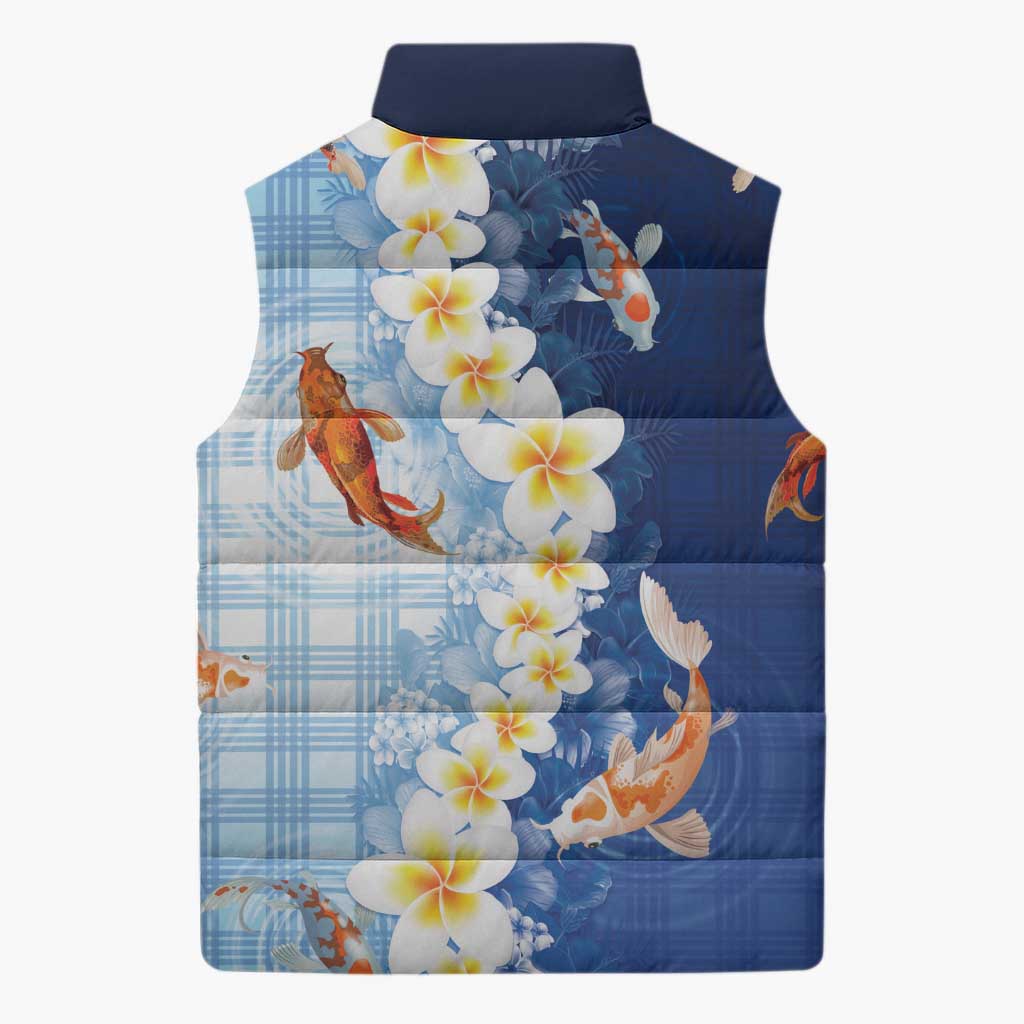 Hawaii And Japan Sleeveless Puffer Jacket Plumeria Lei With Koi Fish Blue LT05 - Polynesian Pride