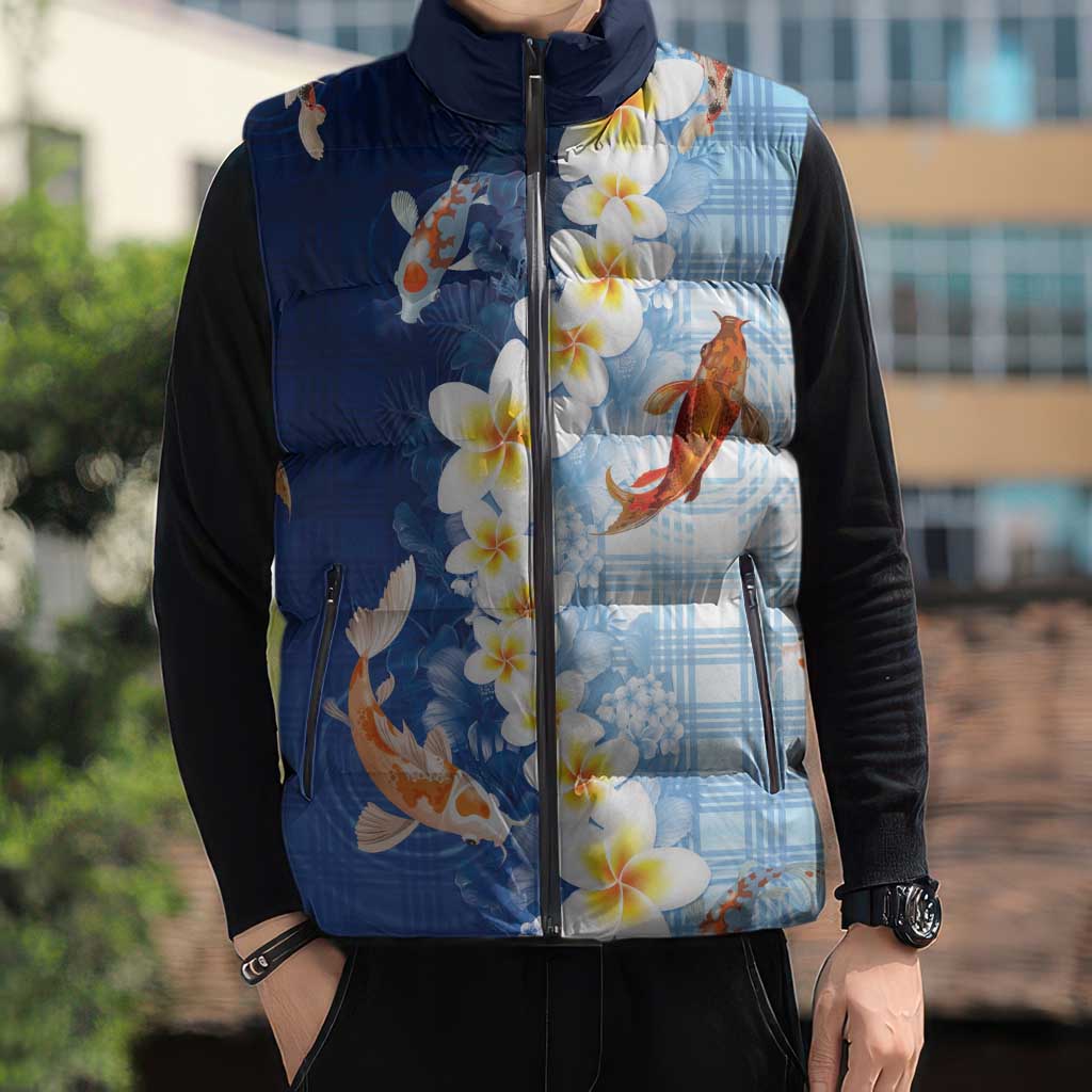 Hawaii And Japan Sleeveless Puffer Jacket Plumeria Lei With Koi Fish Blue LT05 - Polynesian Pride