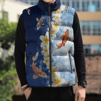 Hawaii And Japan Sleeveless Puffer Jacket Plumeria Lei With Koi Fish Blue LT05 - Polynesian Pride