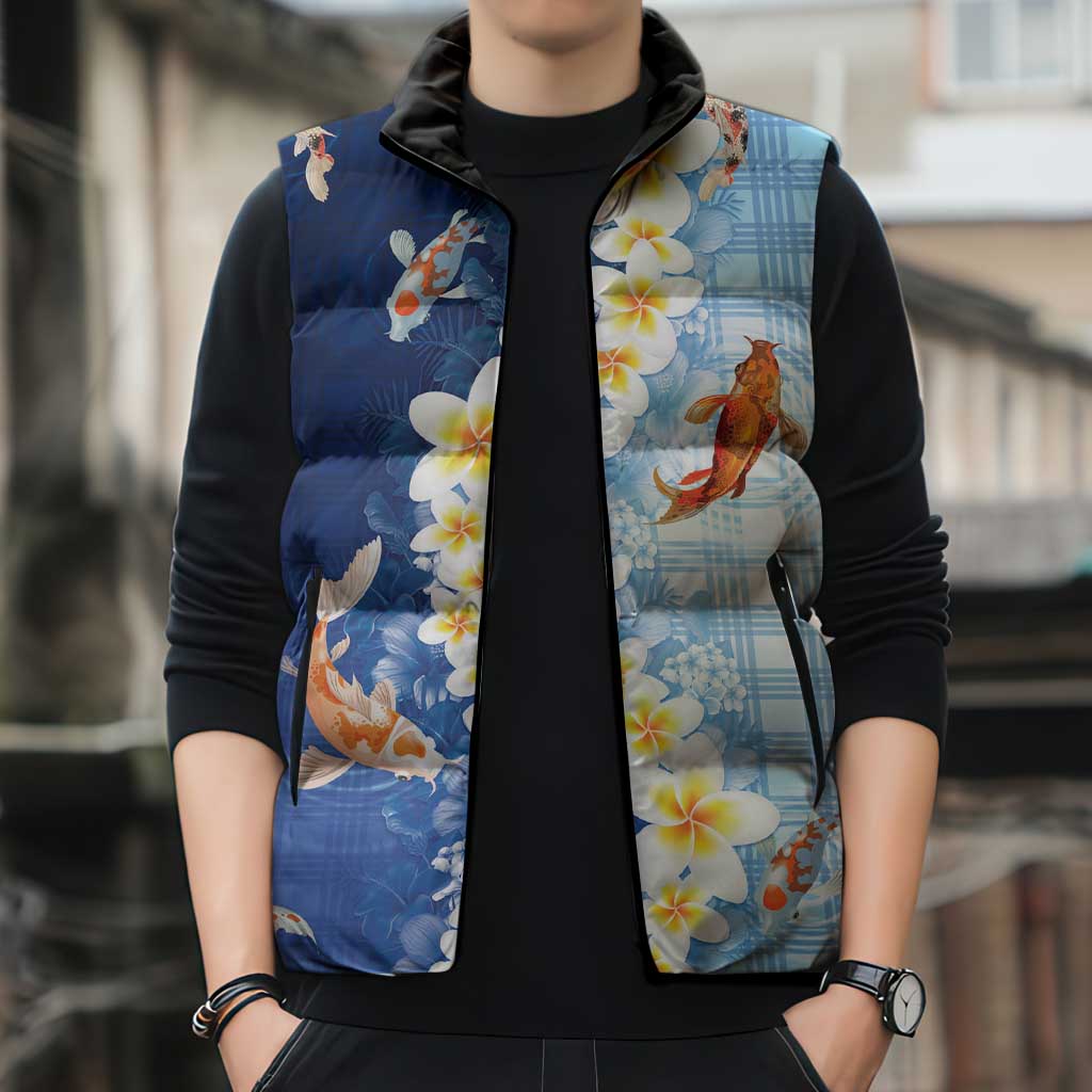Hawaii And Japan Sleeveless Puffer Jacket Plumeria Lei With Koi Fish Blue LT05 - Polynesian Pride