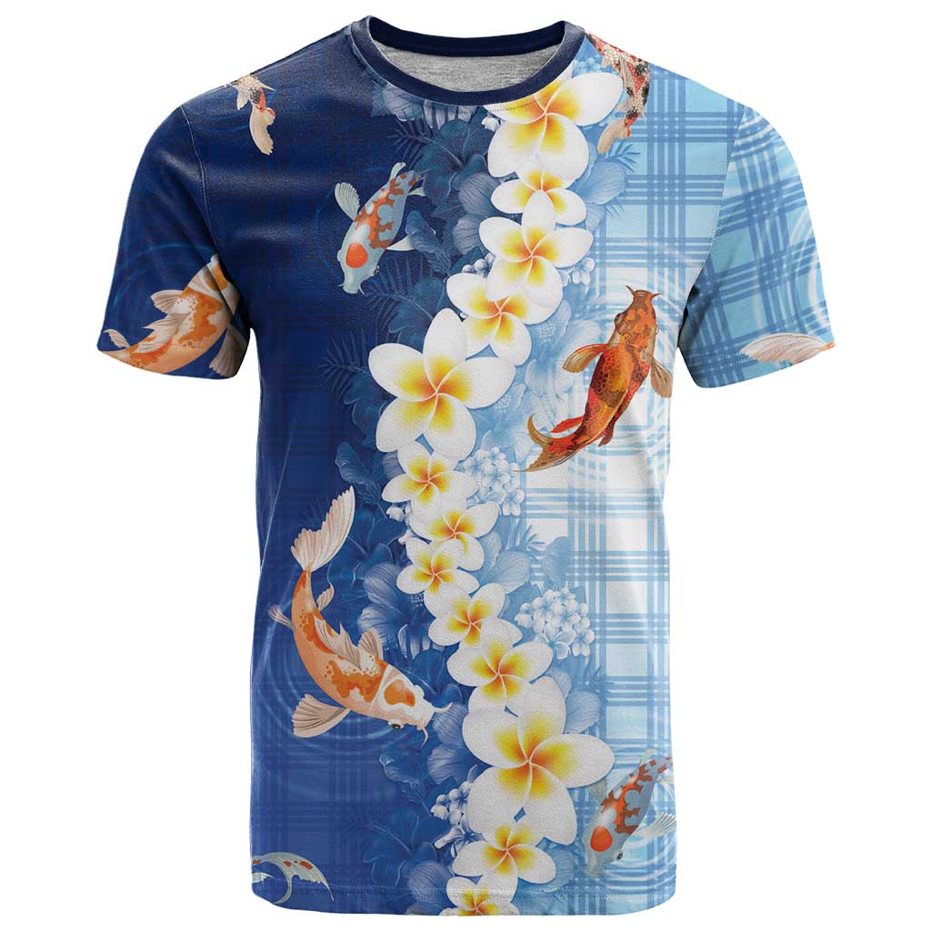 Hawaii And Japan T Shirt Plumeria Lei With Koi Fish Blue - Polynesian Pride
