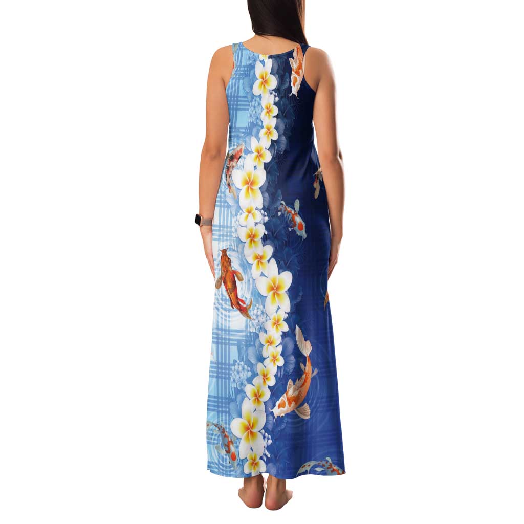 Hawaii And Japan Tank Maxi Dress Plumeria Lei With Koi Fish Blue - Polynesian Pride