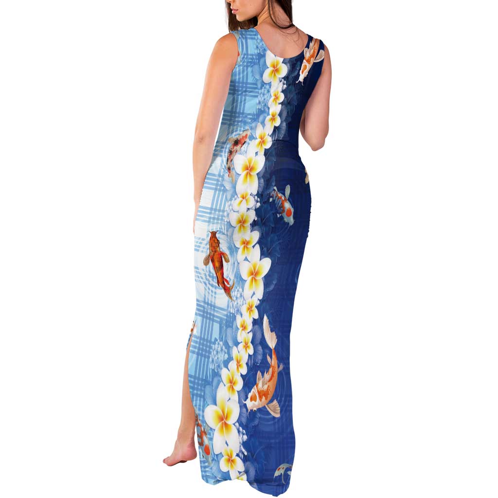 Hawaii And Japan Tank Maxi Dress Plumeria Lei With Koi Fish Blue - Polynesian Pride