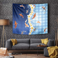 Hawaii And Japan Tapestry Plumeria Lei With Koi Fish Blue - Polynesian Pride