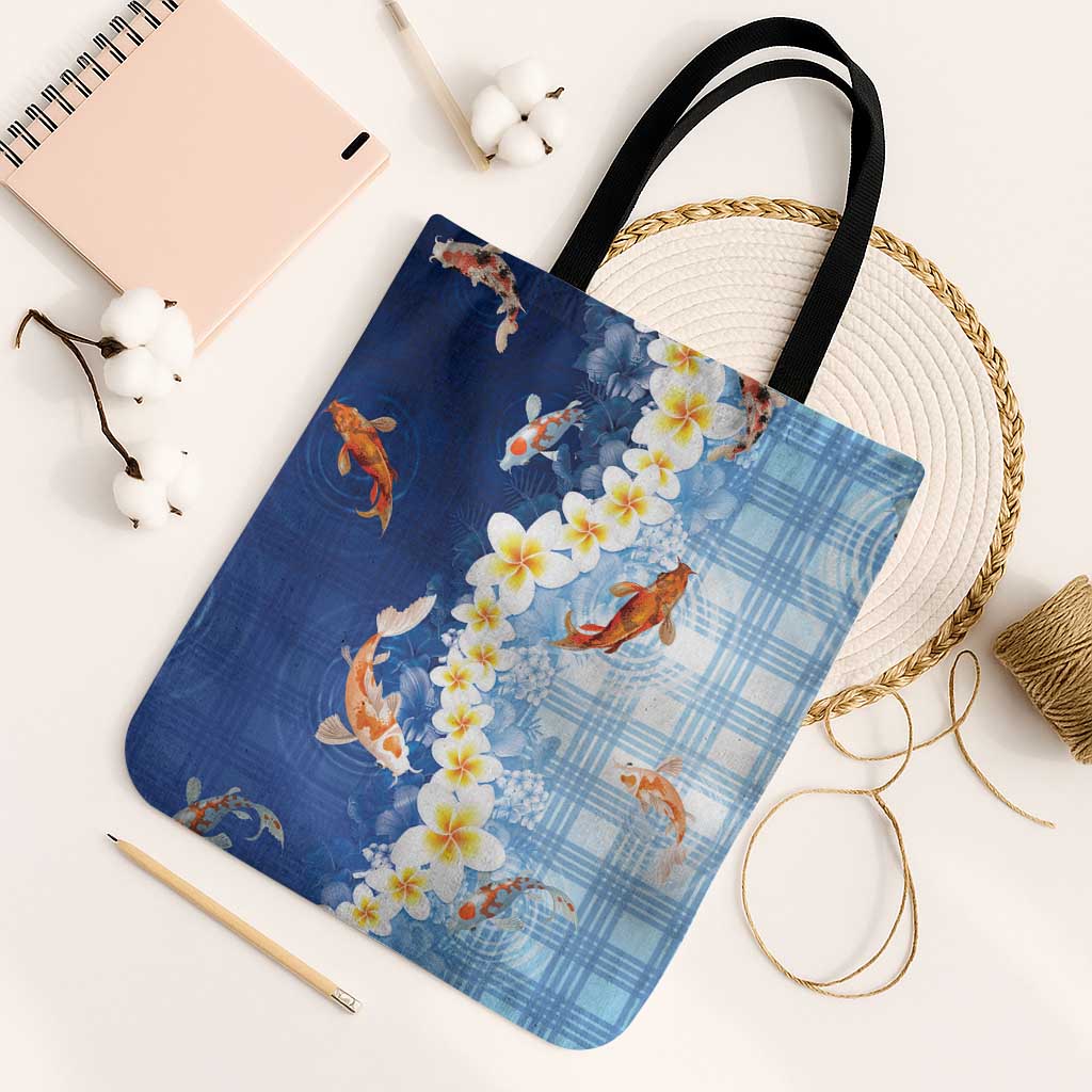 Hawaii And Japan Tote Bag Plumeria Lei With Koi Fish Blue - Polynesian Pride