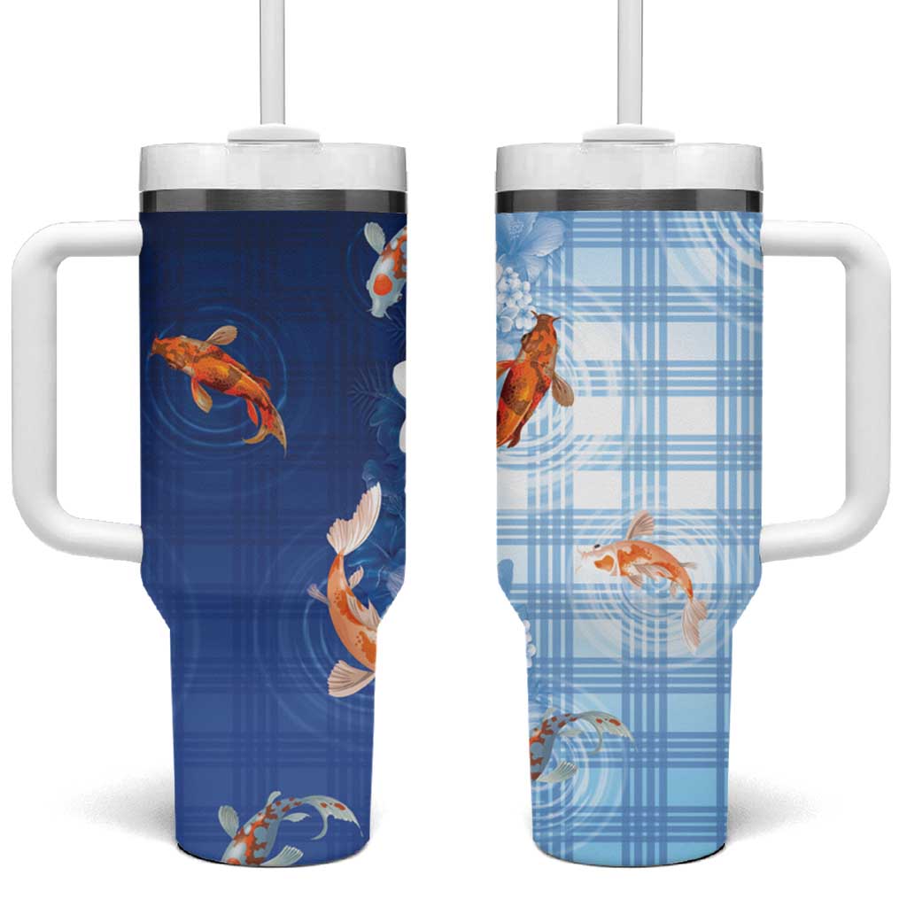Hawaii And Japan Tumbler With Handle Plumeria Lei With Koi Fish Blue - Polynesian Pride