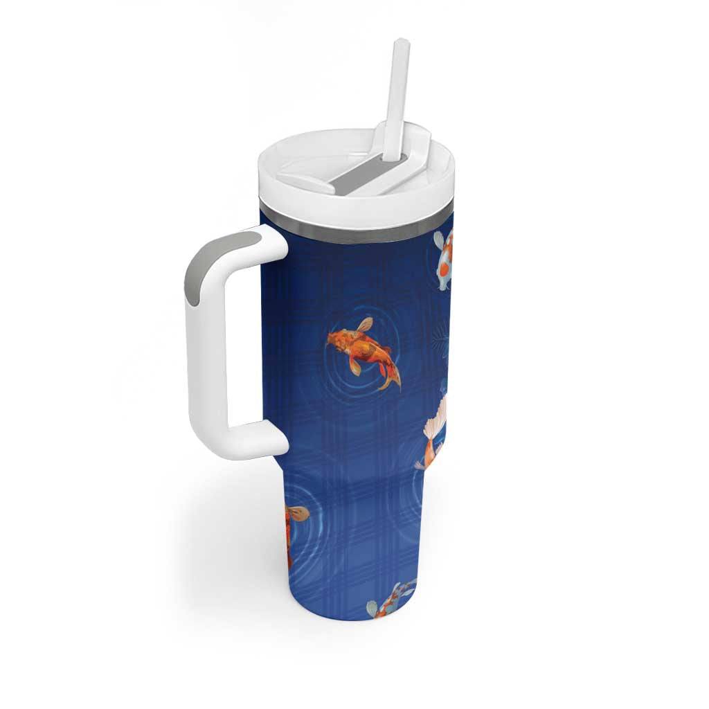 Hawaii And Japan Tumbler With Handle Plumeria Lei With Koi Fish Blue - Polynesian Pride