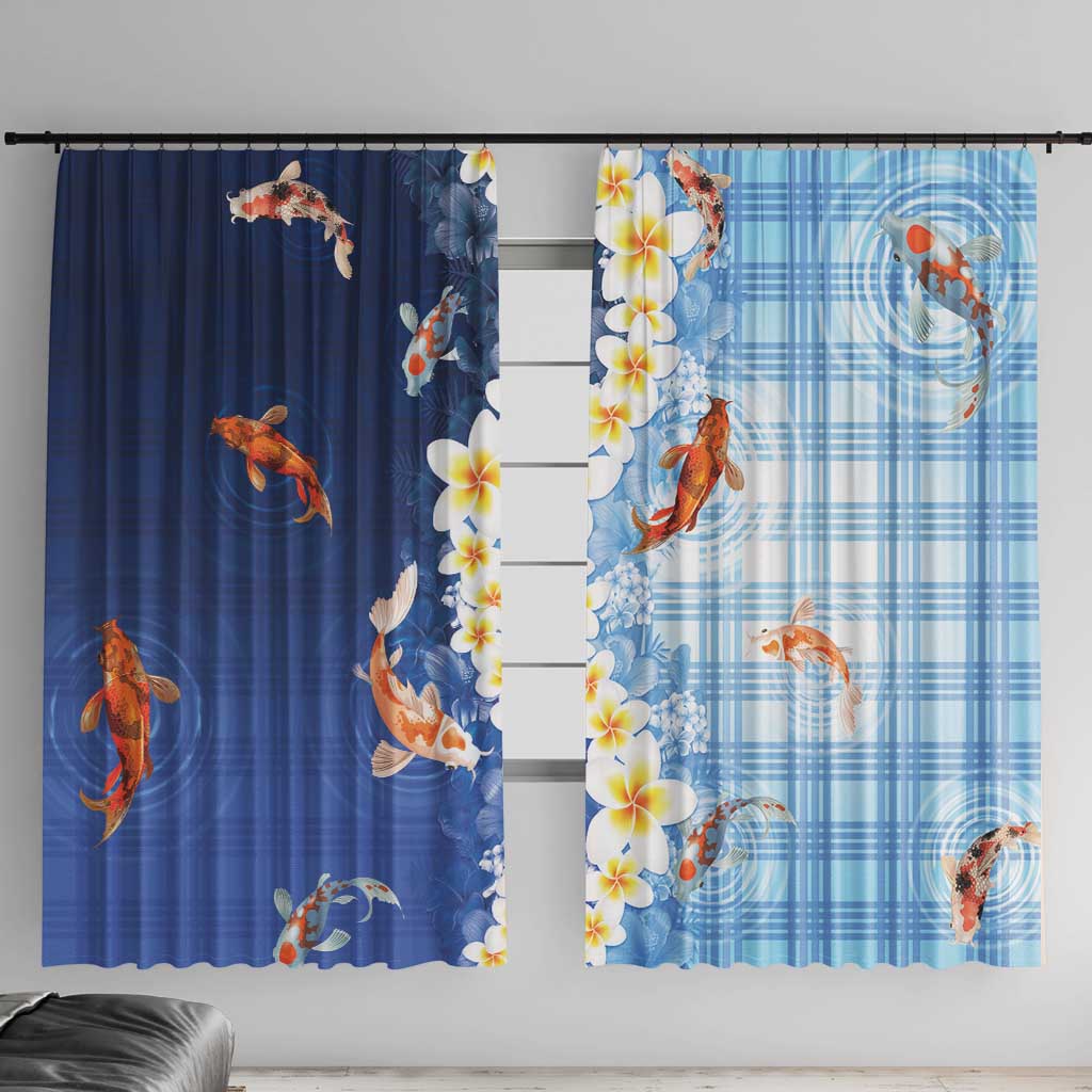 Hawaii And Japan Window Curtain Plumeria Lei With Koi Fish Blue - Polynesian Pride