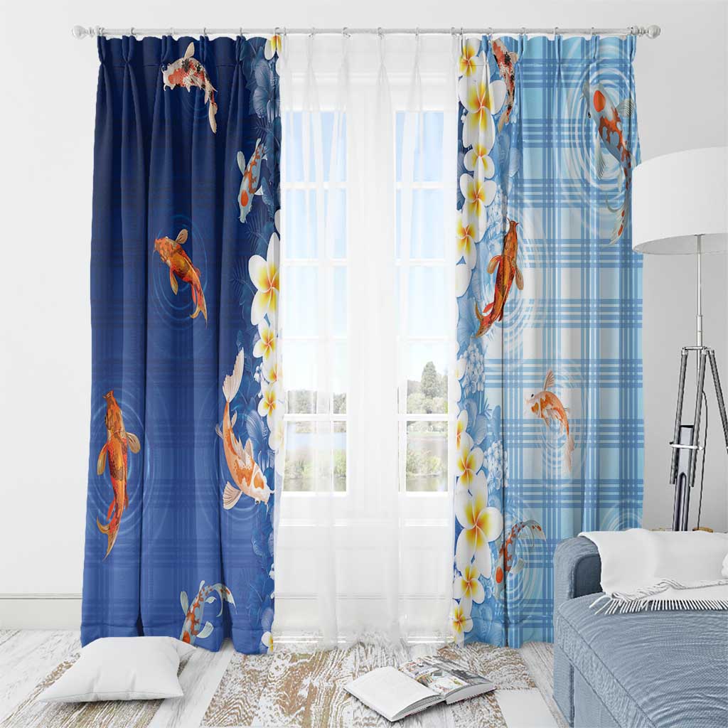 Hawaii And Japan Window Curtain Plumeria Lei With Koi Fish Blue - Polynesian Pride