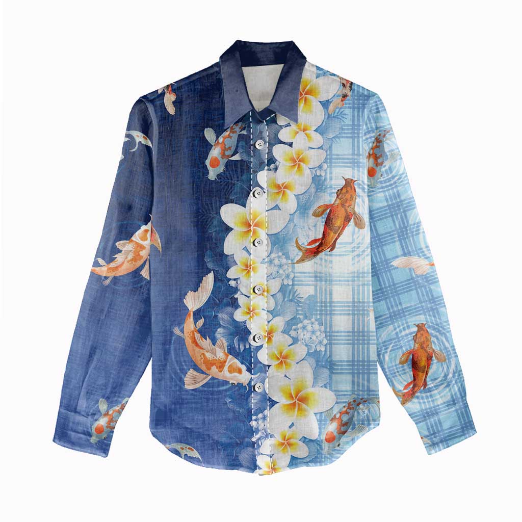 Hawaii And Japan Women Casual Shirt Plumeria Lei With Koi Fish Blue - Polynesian Pride