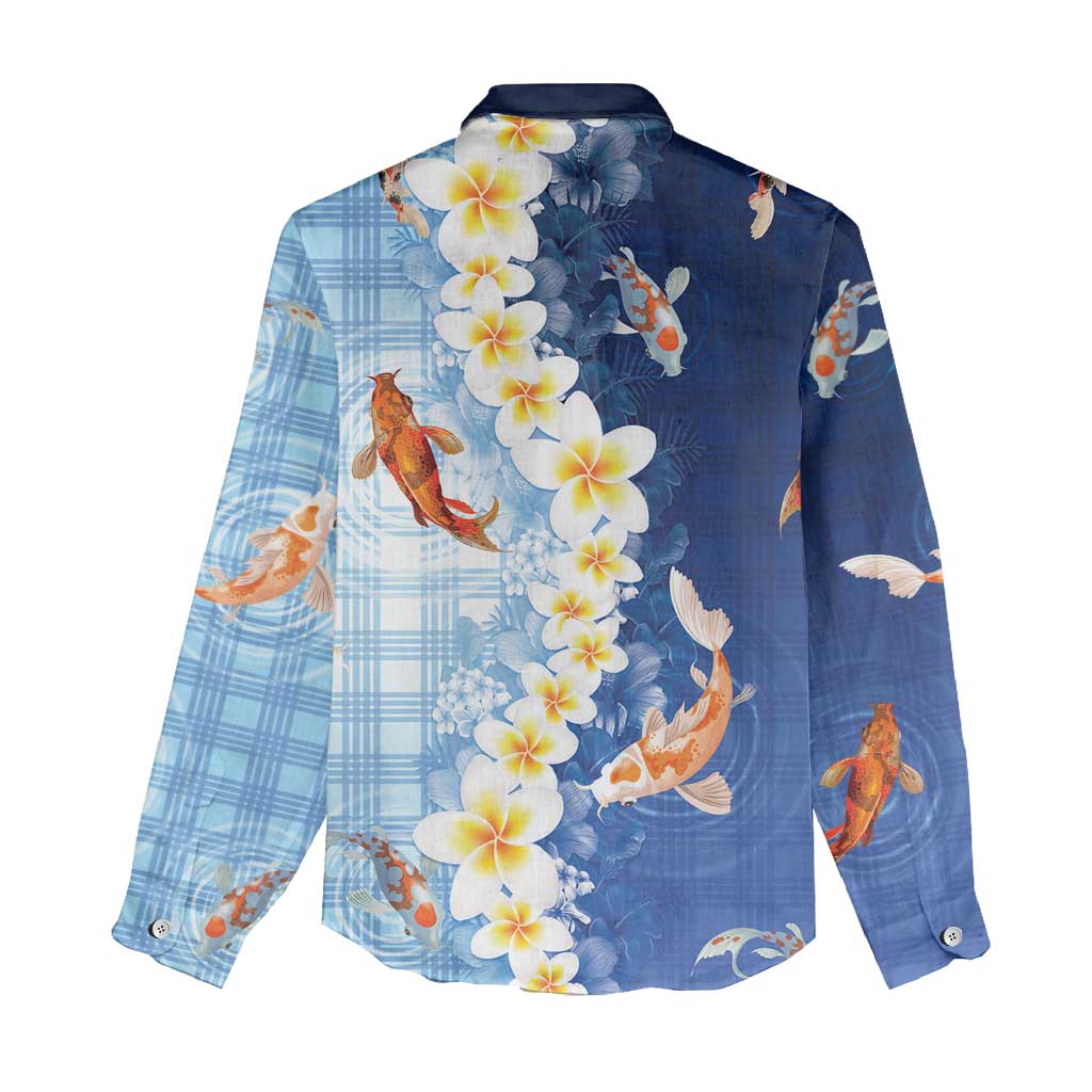 Hawaii And Japan Women Casual Shirt Plumeria Lei With Koi Fish Blue - Polynesian Pride