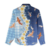 Hawaii And Japan Women Casual Shirt Plumeria Lei With Koi Fish Blue - Polynesian Pride
