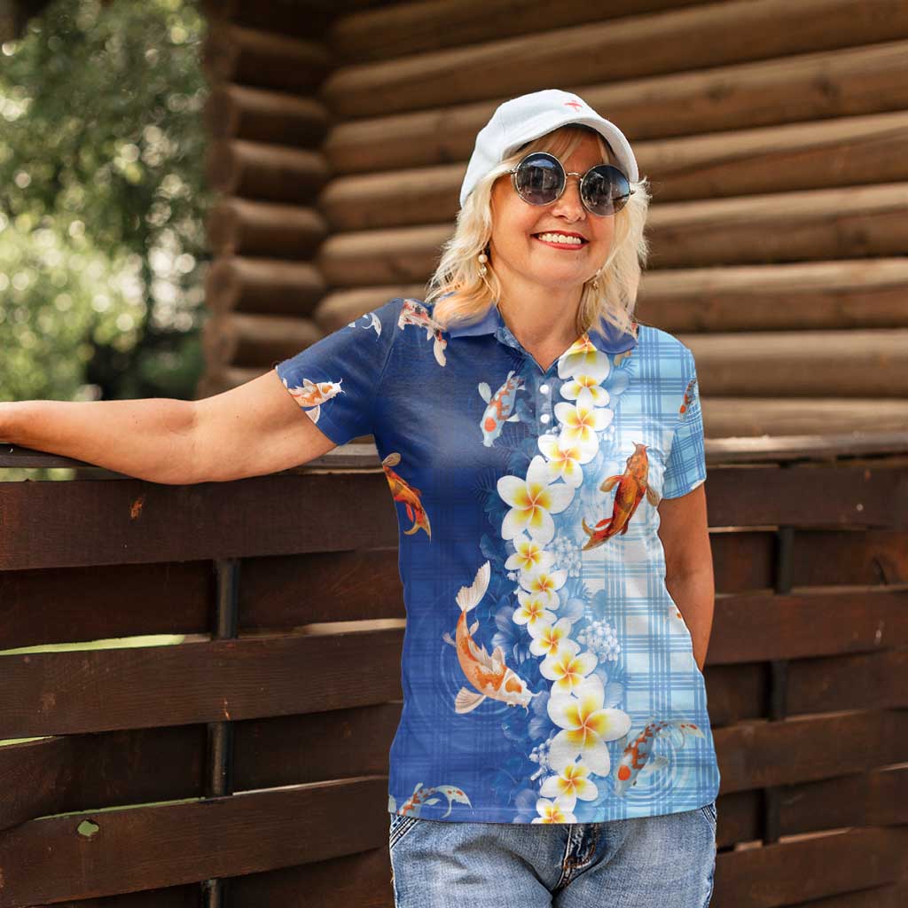 Hawaii And Japan Women Polo Shirt Plumeria Lei With Koi Fish Blue - Polynesian Pride